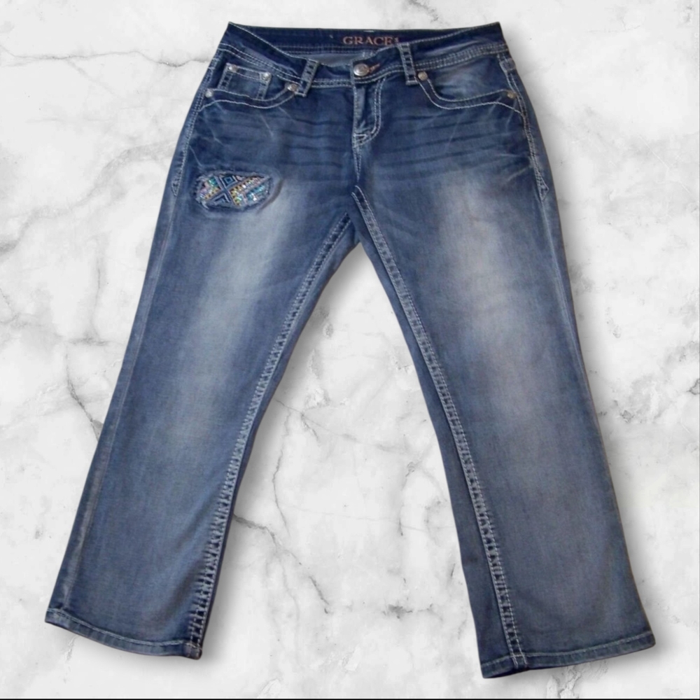 Grace in LA Jeans Size 28 Cropped Aztec Flap Pocket Stretch
